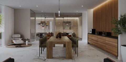 A modern dining room with a wooden table and chairs.