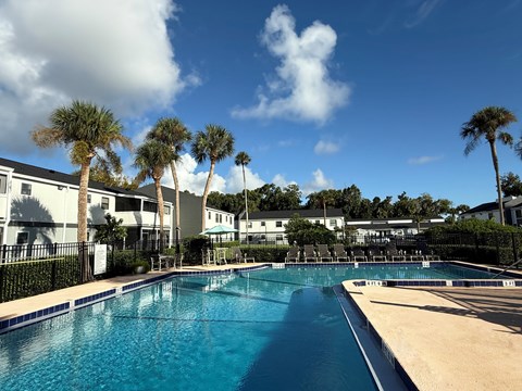 A swimming pool surrounded by palm trees and buildings.