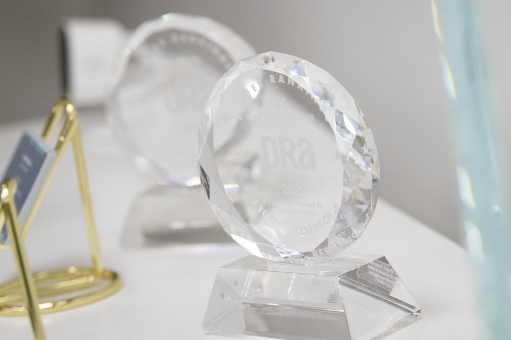 two awards sitting on top of a table