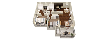 3d floor plan of a living room with a dining room and a kitchen