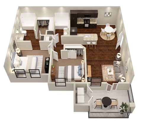 3d floor plan of a living room with a dining room and a kitchen