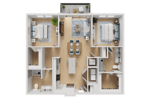 A 3D floor plan of a small apartment with two bedrooms, a living room, and a kitchen.