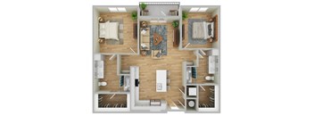 A top-down view of a modern apartment layout with a kitchen, living room, and bathroom.