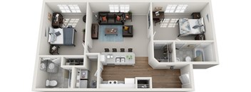 A top-down view of a small apartment with a kitchen, living room, and bedroom.