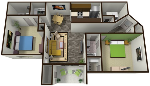 A 3D floor plan of a house with various rooms and furniture.