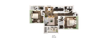 A floor plan of an apartment with a living room, kitchen, and two bedrooms.