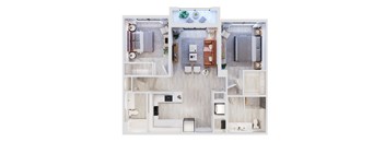 A top-down view of a modern, minimalist bathroom with a toilet, sink, and mirror.
