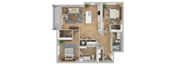 A top-down view of a small apartment with a kitchen, living room, and bedroom.
