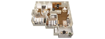 3d floor plan of a living room with a dining room and a kitchen