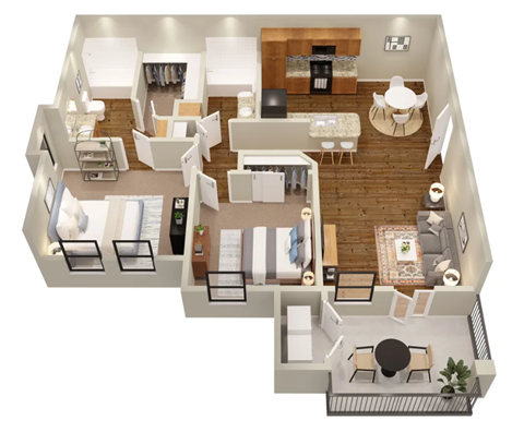 3d floor plan of a living room with a dining room and a kitchen
