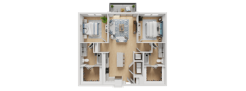 A 3D floor plan of a house with a living room, two bedrooms, a bathroom, and a kitchen.