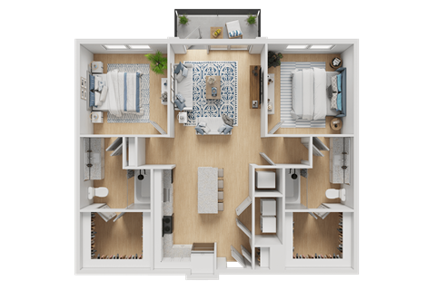 A 3D floor plan of a house with a living room, two bedrooms, a bathroom, and a kitchen.