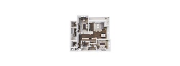 A 3D floor plan of a small apartment with a kitchen, living room, and bedroom.