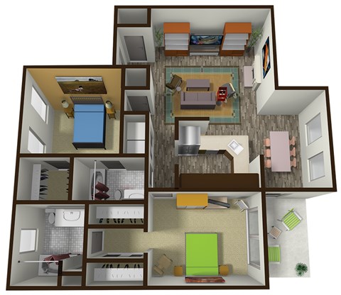 A 3D rendered image of a house layout.