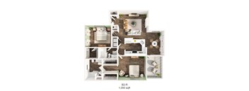 A 1,050 square foot floor plan of a home with a living room, kitchen, dining room, and two bedrooms.