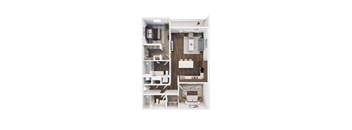 A top-down view of a modern apartment layout with a kitchen, living room, and bedroom.