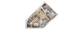 A 3D floor plan of a house layout.