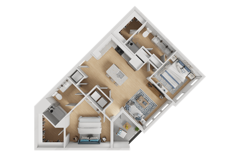 A 3D floor plan of a house layout.