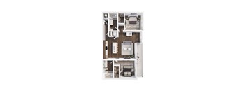A top-down view of a small apartment with a kitchen, living room, and bedroom.