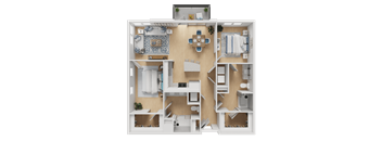A 3D floor plan of a small apartment with a kitchen, living room, and bedroom.