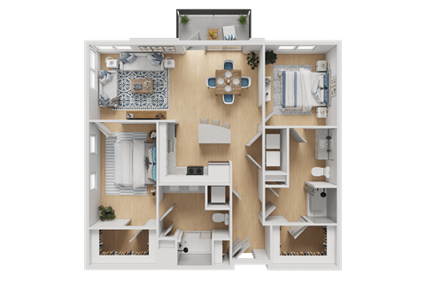 A 3D floor plan of a small apartment with a kitchen, living room, and bedroom.
