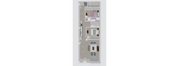 A floor plan of a house with a kitchen, living room, and two bedrooms.