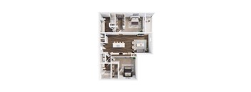A top-down view of a house layout with a kitchen, living room, and bedrooms.