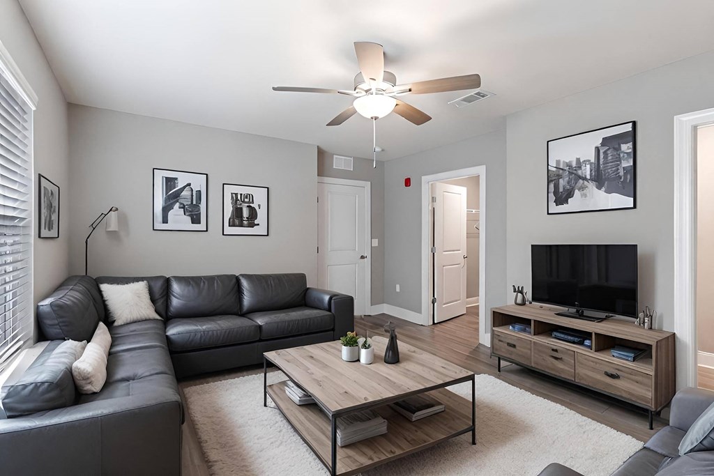 a living room with a couch and a coffee table