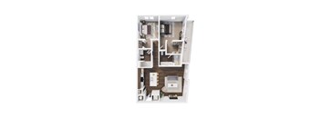 A top down view of a small apartment with a kitchen, living room, and bathroom.