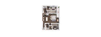 A top-down view of a modern apartment layout.