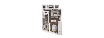 A 3D floor plan of a house with a kitchen, living room, and two bedrooms.