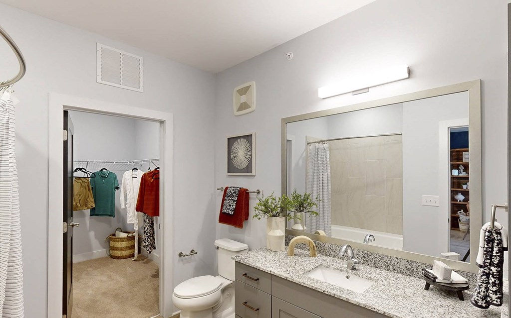 a bathroom with a large mirror and a sink