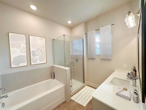 a bathroom with a tub and a shower and a sink