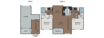 A diagram of a two-level home layout with labeled rooms.