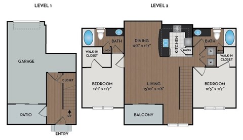 A diagram of a two-level home layout with labeled rooms.