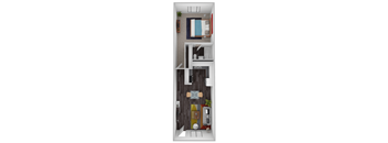 A bedroom with a bed and a wardrobe.