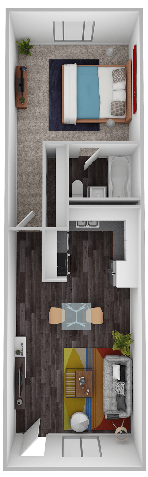 A bedroom with a bed and a wardrobe.