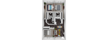A 3D floor plan of a small apartment with a bedroom, living room, kitchen, and bathroom.
