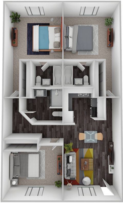 A 3D floor plan of a small apartment with a bedroom, living room, kitchen, and bathroom.