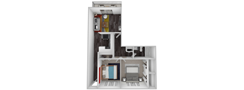 A 3D rendered image of a small apartment layout.