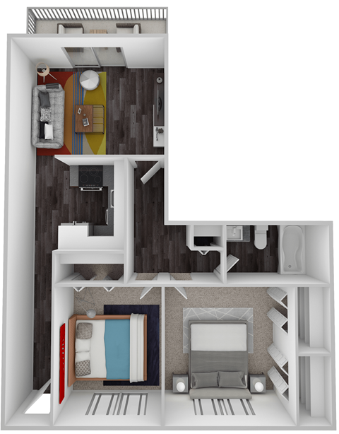 A 3D rendered image of a small apartment layout.