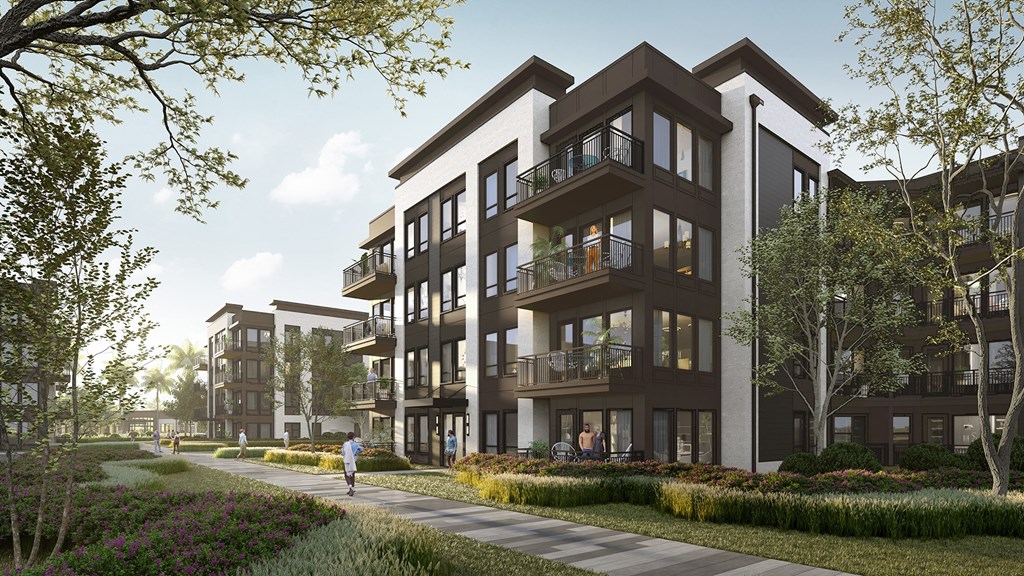 a rendering of a mixed use development with walkways and trees