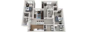 A 3D floor plan of a house with multiple rooms.