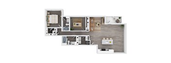 A top-down view of a modern apartment layout.