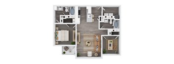 A top-down view of a house layout with a kitchen, living room, dining area, and bathrooms.