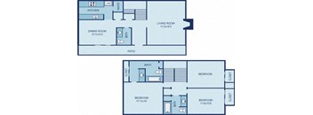 a two story house with a kitchen and a living room