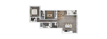 A top-down view of a modern apartment layout.