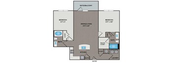A floor plan of a home with two bedrooms, a patio, a dining area, a kitchen, a laundry room, and a bathroom.
