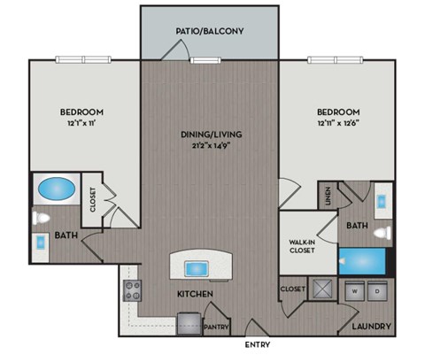 A floor plan of a home with two bedrooms, a patio, a dining area, a kitchen, a laundry room, and a bathroom.