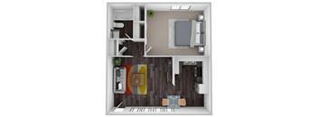 A top-down view of a living room with a couch, a coffee table, and a rug.